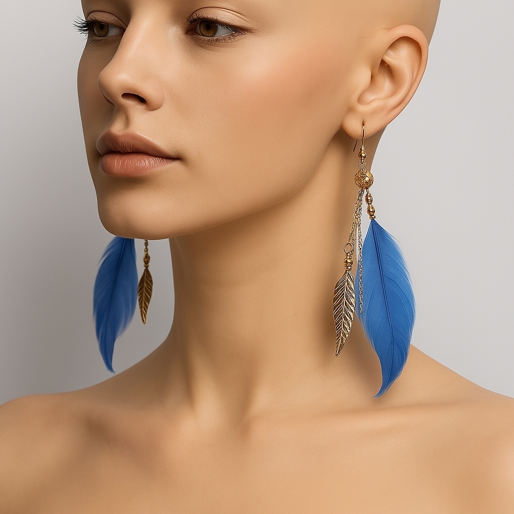 Blue Feather & Gold Leaf Hook Dangle Bold Earrings - Women's Fashion Jewelry